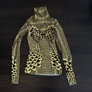 AFRM Zadie Print Mesh Turtleneck Top in Butter Petals XS GREEN LIME BROWN